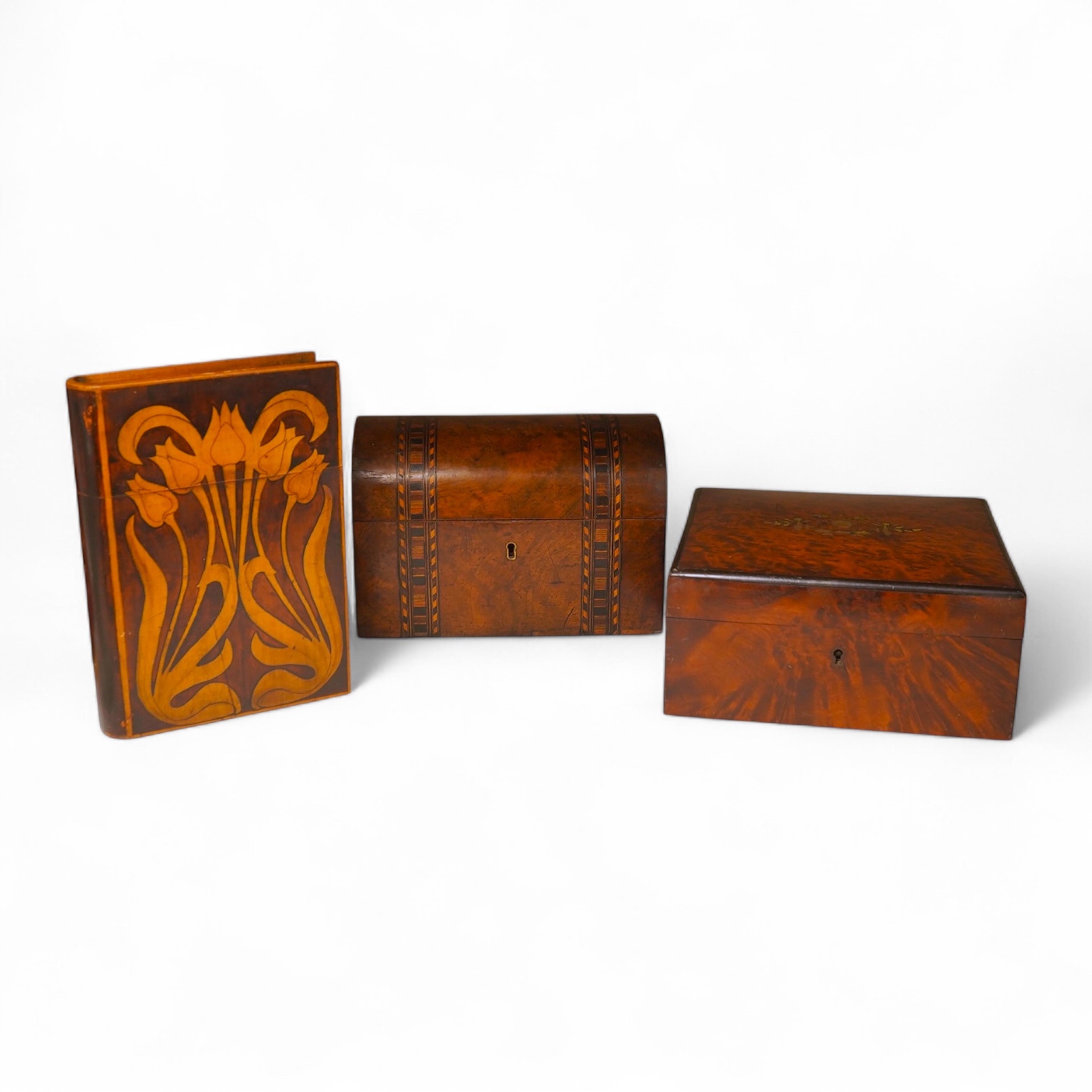 A 19th century French thuya box, Victorian tea caddy and an Art Nouveau book-shaped box, largest 20cm high